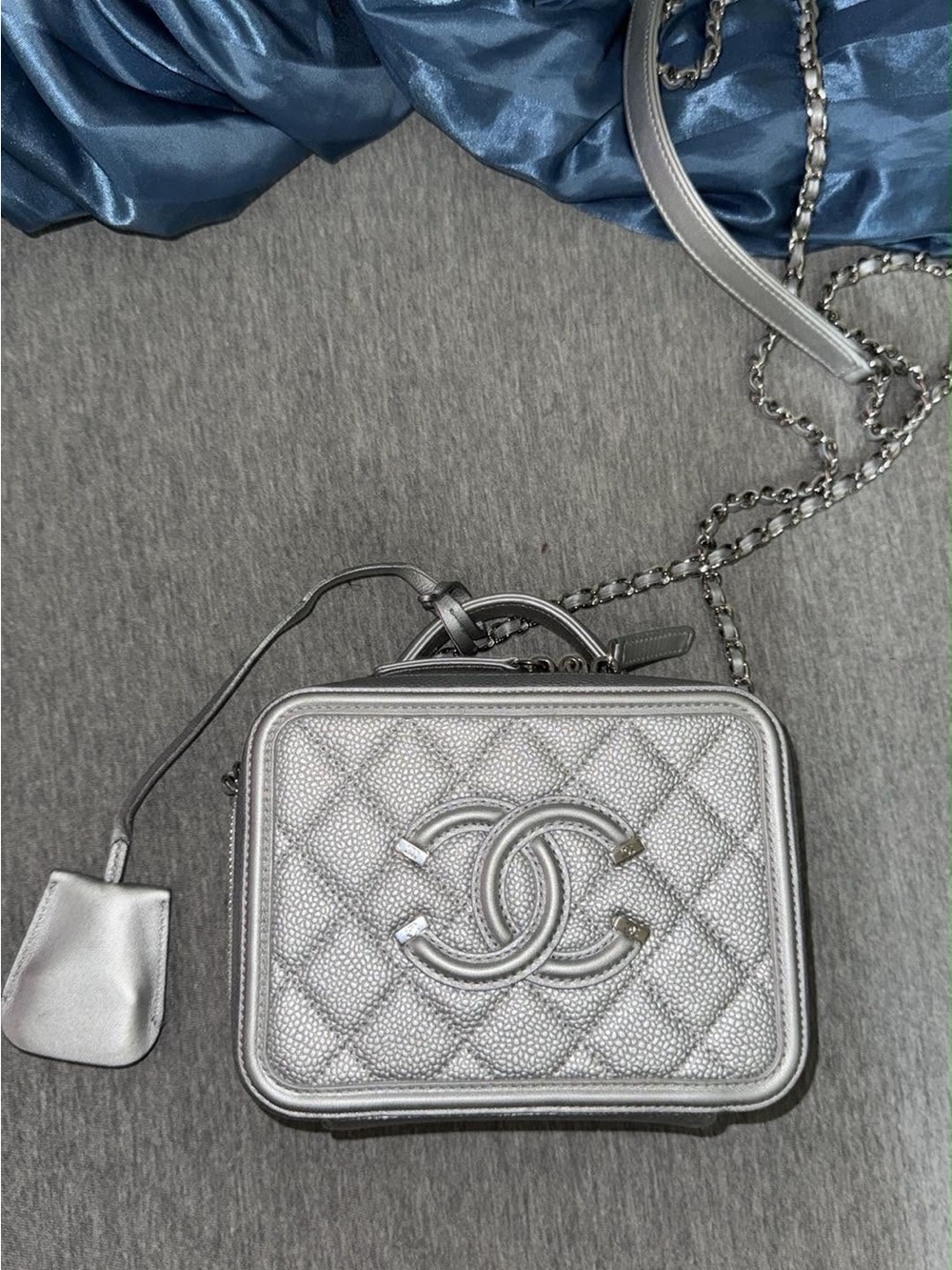 CHANEL Silver Quilted CC Vanity Crossbody
